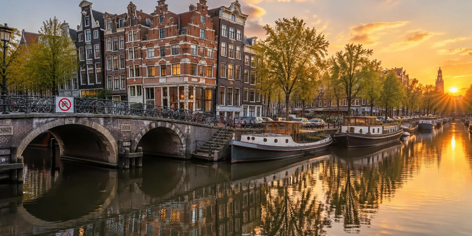 Golden-hour view of an Amsterdam canal in the Netherlands with gabled Dutch houses, bicycles lining a stone bridge and houseboats reflected in the water