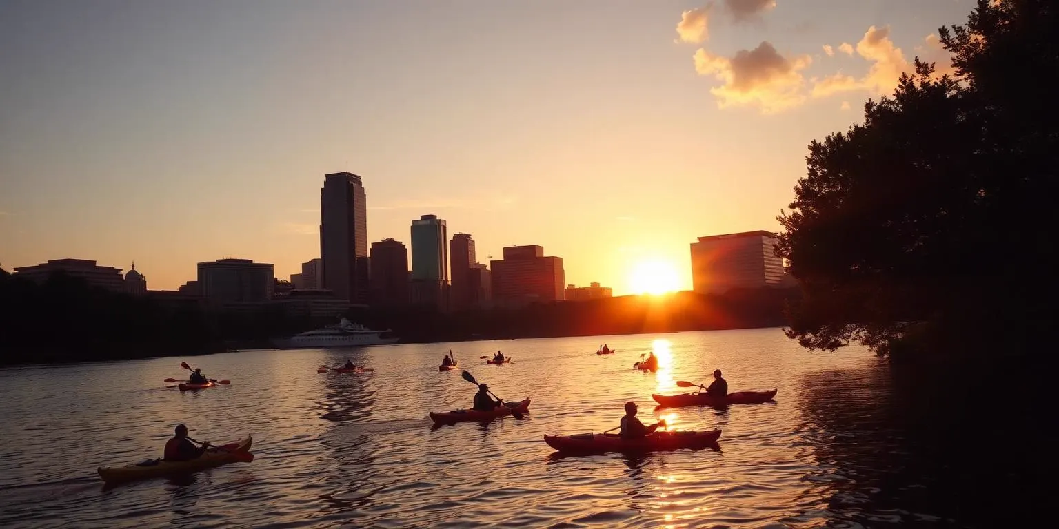 Kayakers paddling on Lady Bird Lake below the downtown Austin, Texas skyline at sunset