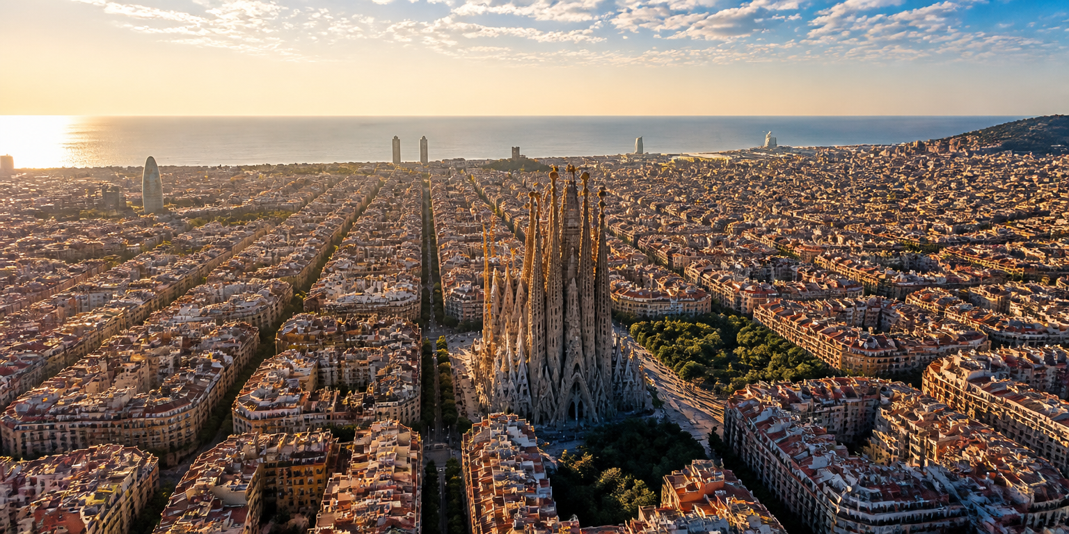 Aerial view of the Sagrada Família basilica rising above the Eixample grid in Barcelona, Spain at golden hour with the Mediterranean sea in the distance