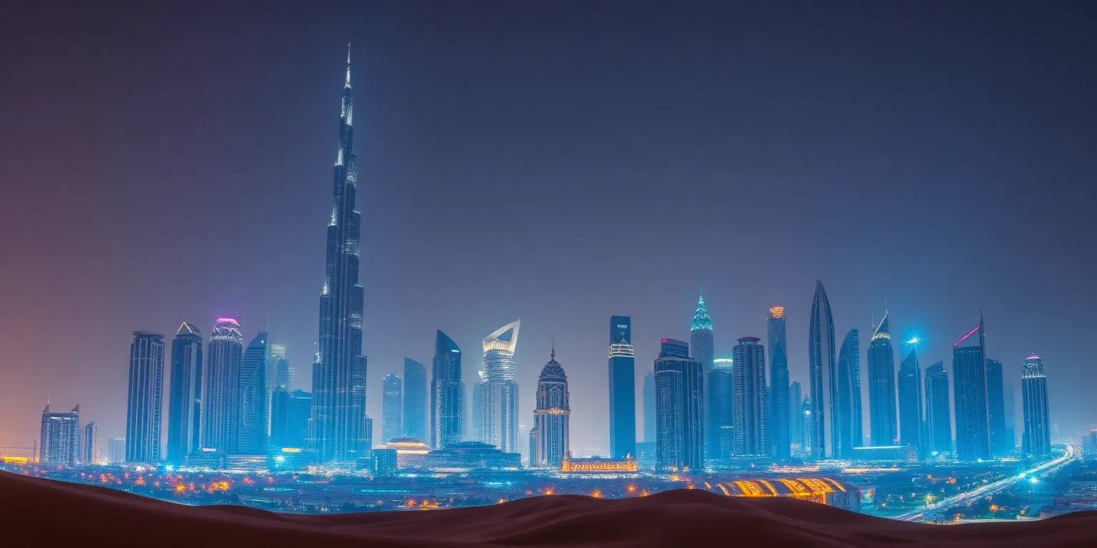 The Burj Khalifa towering over the Downtown Dubai skyline in the UAE at blue hour