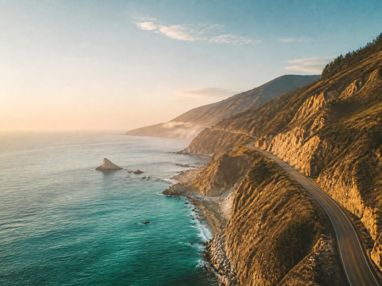 Aerial view of a winding coastal road above turquoise water at golden hour