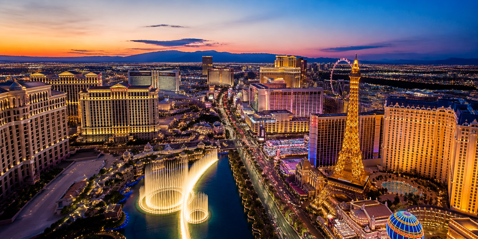 Aerial view of the Las Vegas Strip at twilight with the Bellagio fountains, Paris Las Vegas Eiffel Tower replica and glowing casino resorts