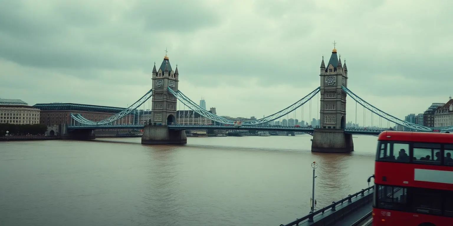 Tower Bridge spanning the River Thames in London with a red double-decker bus crossing