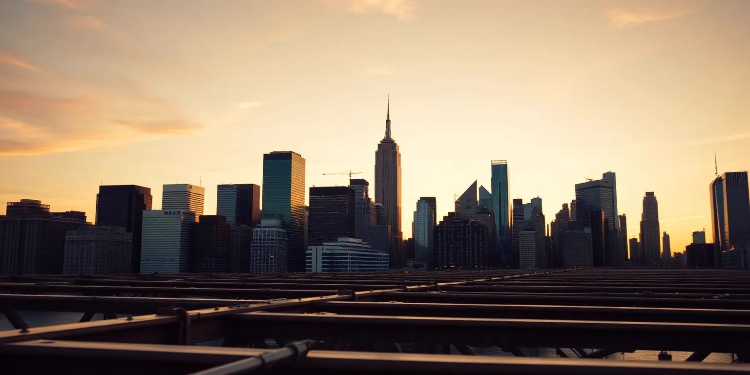 The Manhattan skyline in New York City at golden hour seen from the Brooklyn Bridge