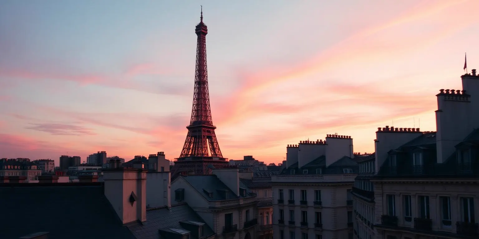 The Eiffel Tower rising above Haussmann rooftops in Paris, France at dusk
