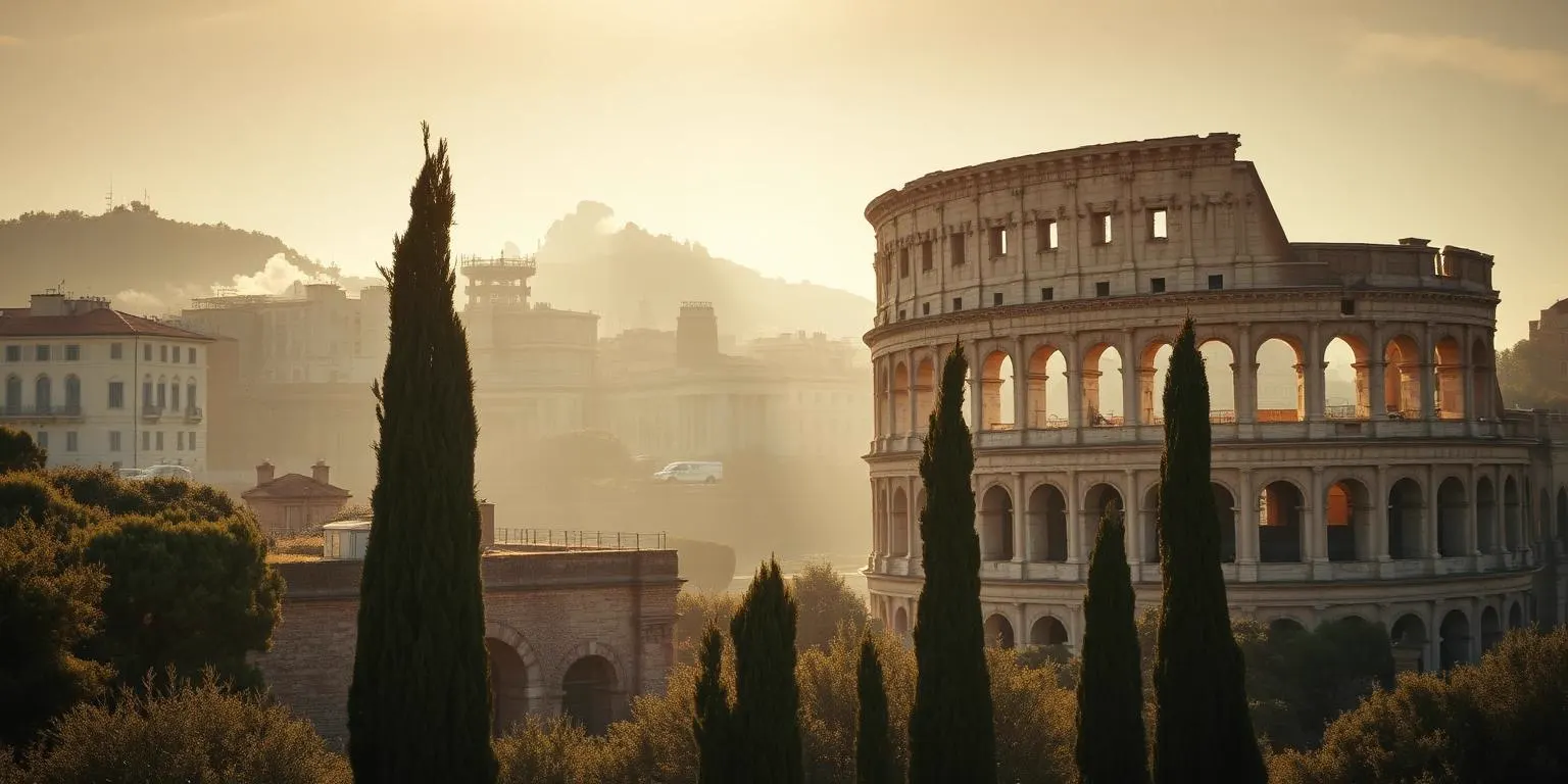 The Colosseum in Rome, Italy framed by cypress trees in warm morning light