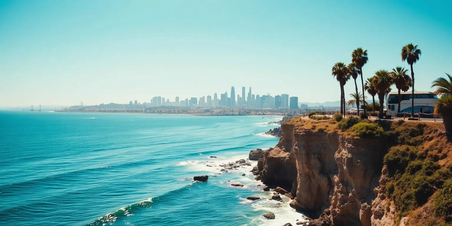 Sandstone cliffs, palm trees and the Pacific coastline at La Jolla in San Diego, California