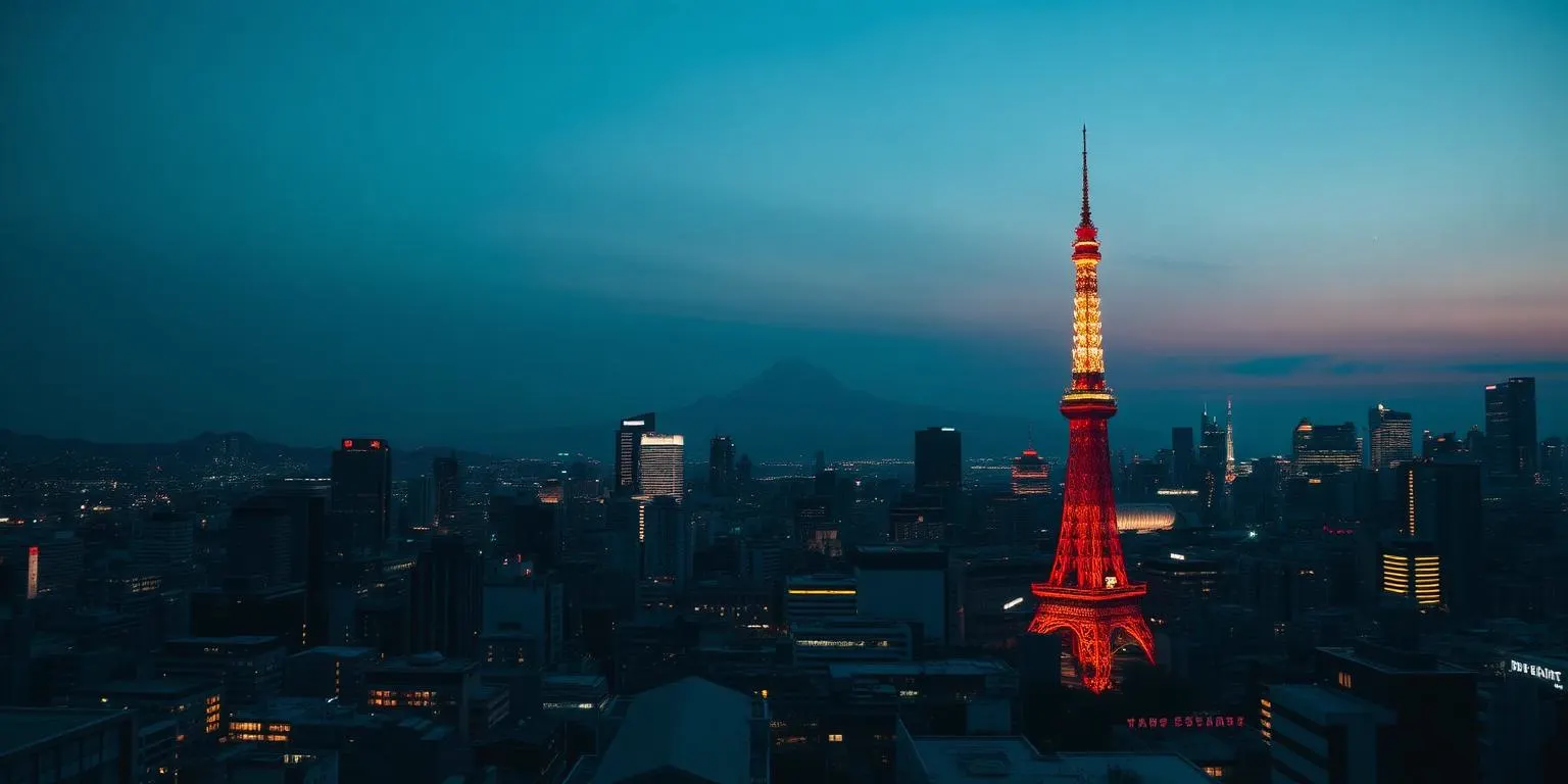 Tokyo Tower glowing orange above the dense Tokyo skyline in Japan at dusk