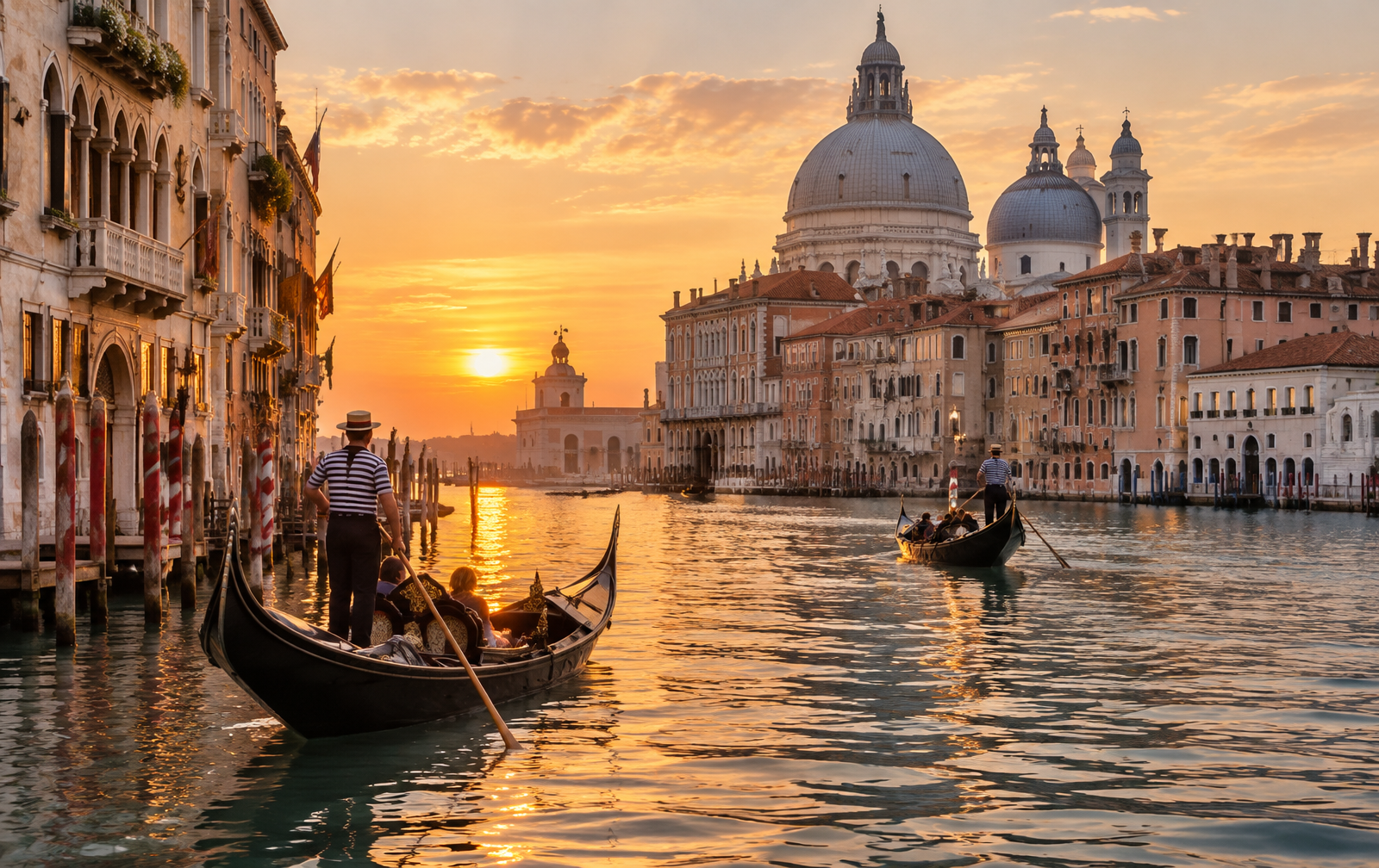 Gondolas on the Grand Canal in Venice, Italy at golden hour with the domes of Santa Maria della Salute and pastel palazzi reflected in the water