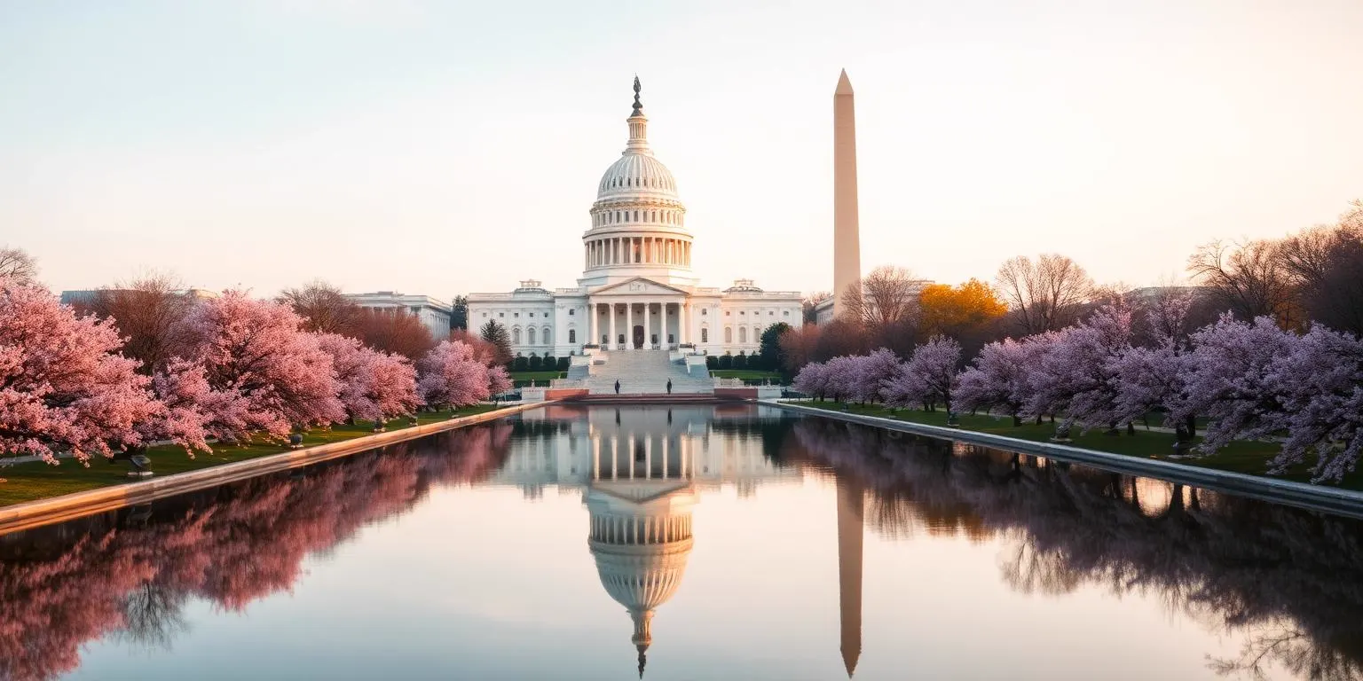 The US Capitol dome and Washington Monument reflected in the tidal basin among cherry blossoms in Washington, DC